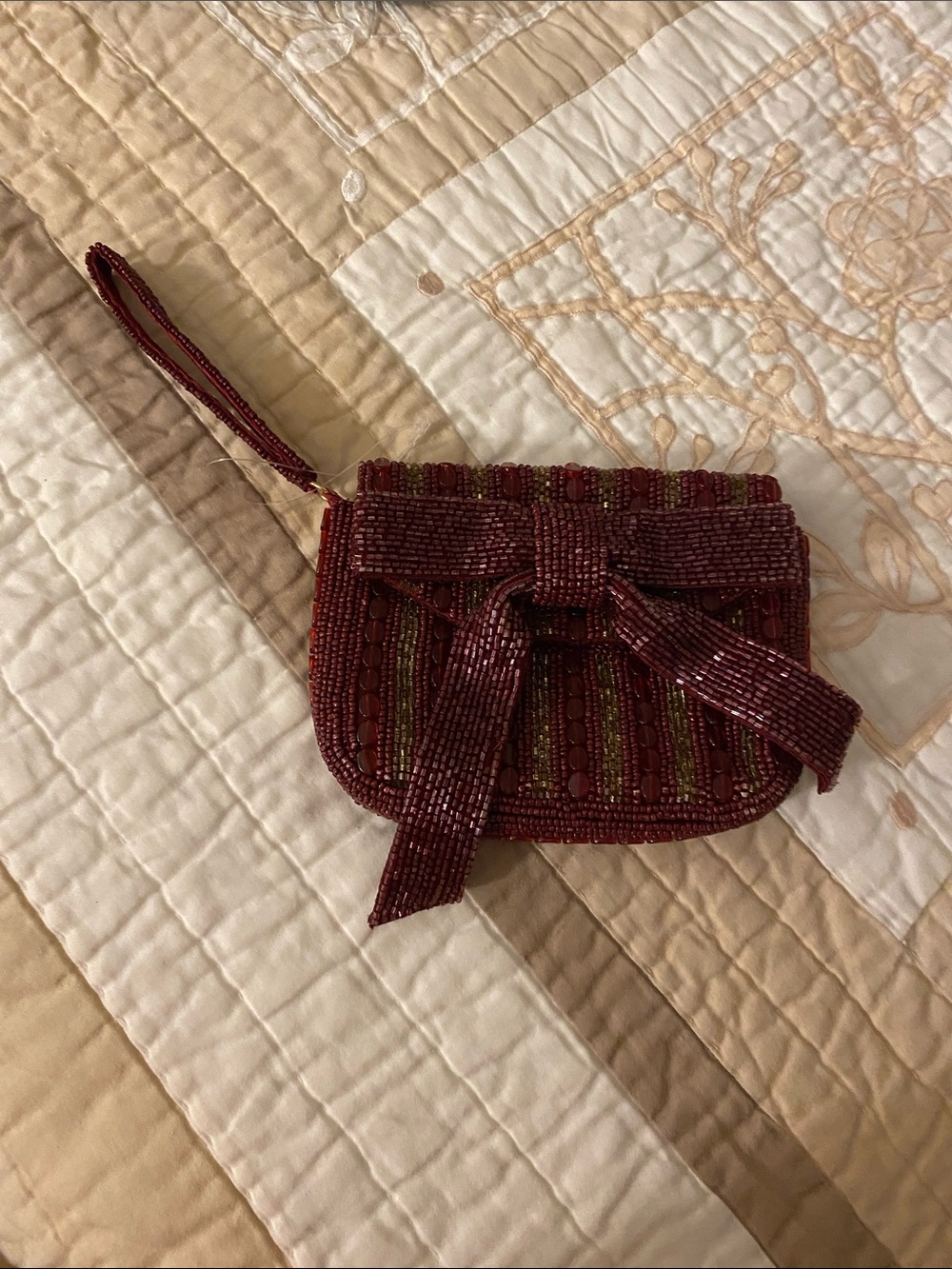 Vintage Burgundy Beaded Wristlet Clutch with Bow Accent
